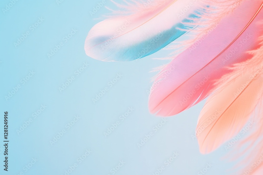 Naklejka premium colorful abstract feathers gently floating on soft blurred background