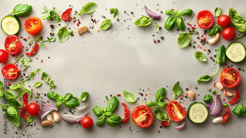 Fresh Ingredients Border on Gray Background Fresh Ingredients Border on Gray Background