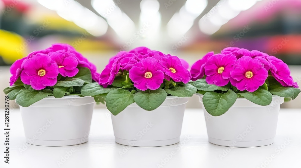 Fototapeta premium Vibrant pink flowers in white pots arranged beautifully on a table in a bright store showcasing floral beauty and freshness concept, spring Advertising in garden shops.
