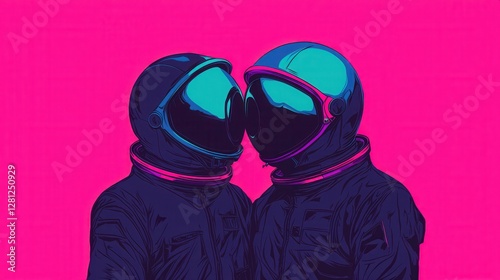Two Astronauts Embracing Against a Bright Pink Background