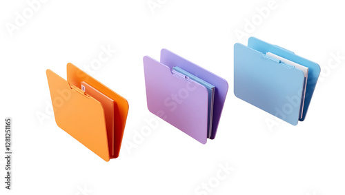  3D Rendering of File Folders in Minimalist Design with Orange, Purple, and Blue Colors for Document Organization, Office Supplies,  PNG file isolated on transparent background cut out, clipping path,