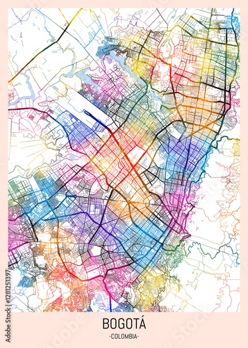 Bogota Colombia City Map, district banner, business modern landmark, neighborhood paint travel, hometown downtown design, destination landmark
