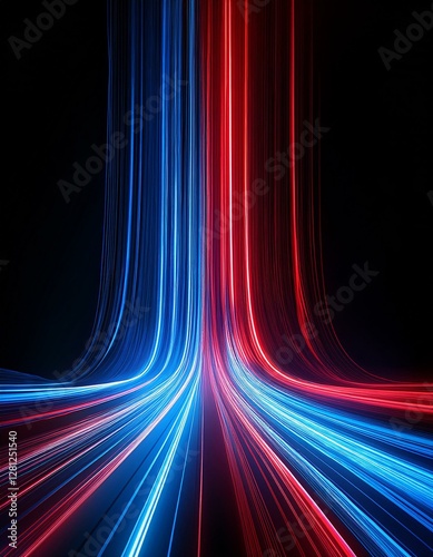 Vibrant, dynamic light trails of blue and red flow smoothly across a black backdrop, creating an abstract and energetic visual