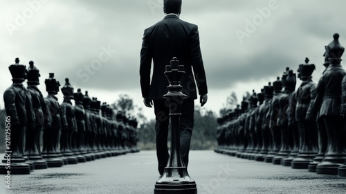 Businessman standing confidently before a chessboard filled with large chess pieces, symbolizing strategy and decision-making in a competitive environment, chess concept photo