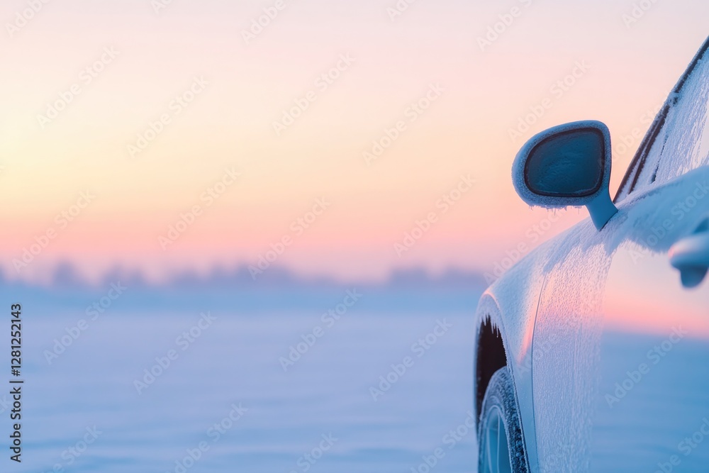Obraz premium car parked in snowy driveway with person using hand mitt to wash frosted surrounded by serene winter landscape leaving