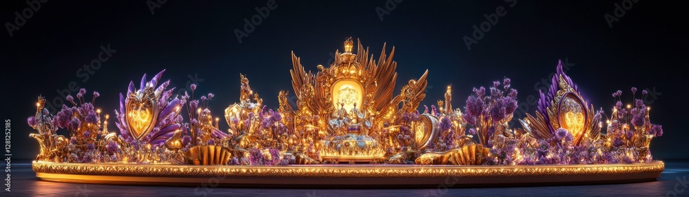 Obraz premium A vibrant display featuring intricate golden details and purple accents, showcasing a majestic scene with ornate designs and rich textures.