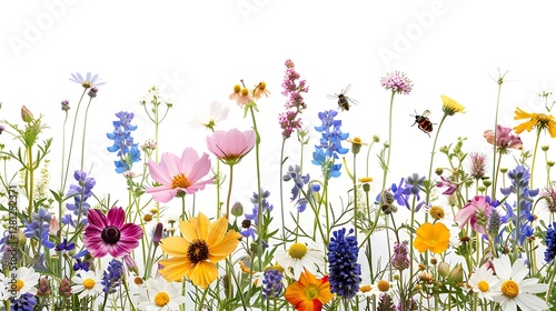 Colorful meadow and garden flowers with insects, isolated