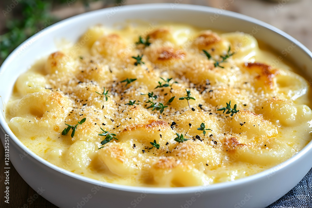 Creamy Mac and Cheese, gourmet comfort food, cheesy pasta bake, close-up shot, delicious meal, sprinkled with herbs. Creamy Mac and Cheese, gourmet comfort food, cheesy pasta bake, close-up shot, delicious meal, sprinkled with herbs.