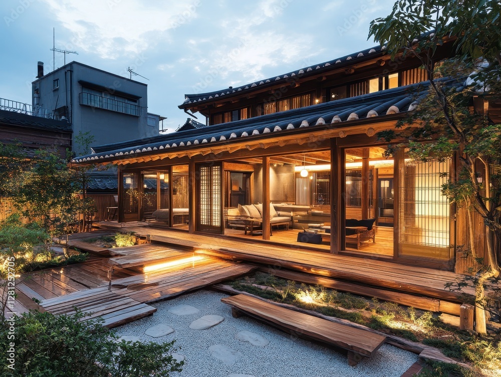 A Traditional Japanese House with Wooden Decking and Landscaping A Traditional Japanese House with Wooden Decking and Landscaping