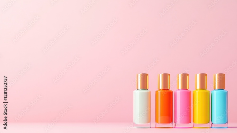 colorful array of nail polish bottles stands neatly in row each with unique shade and gleaming label colorful array of nail polish bottles stands neatly in row each with unique shade and gleaming label