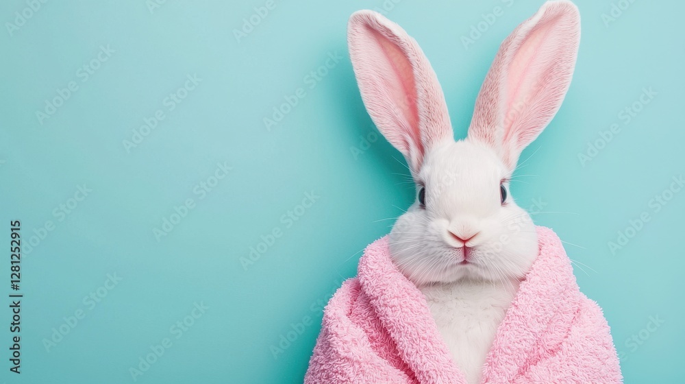 Fototapeta premium Cute White Bunny Wrapped in Pink Towel with Classy Expression