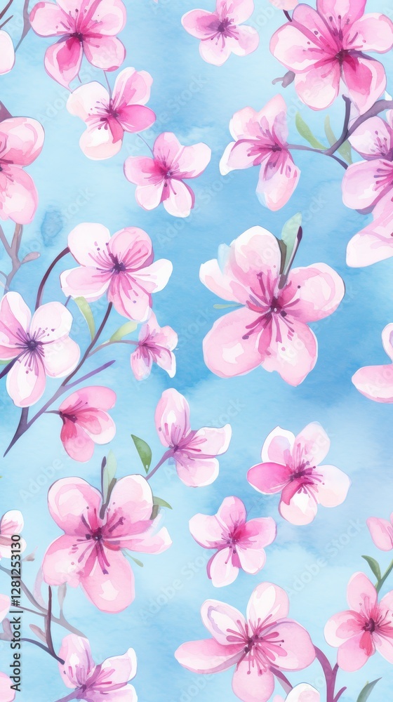 Cherry blossoms bloom beautifully against a soft blue background, creating a serene and vibrant atmosphere, ideal for springtime and floral design concept, Bed sheets pattern Cherry blossoms bloom beautifully against a soft blue background, creating a serene and vibrant atmosphere, ideal for springtime and floral design concept, Bed sheets pattern