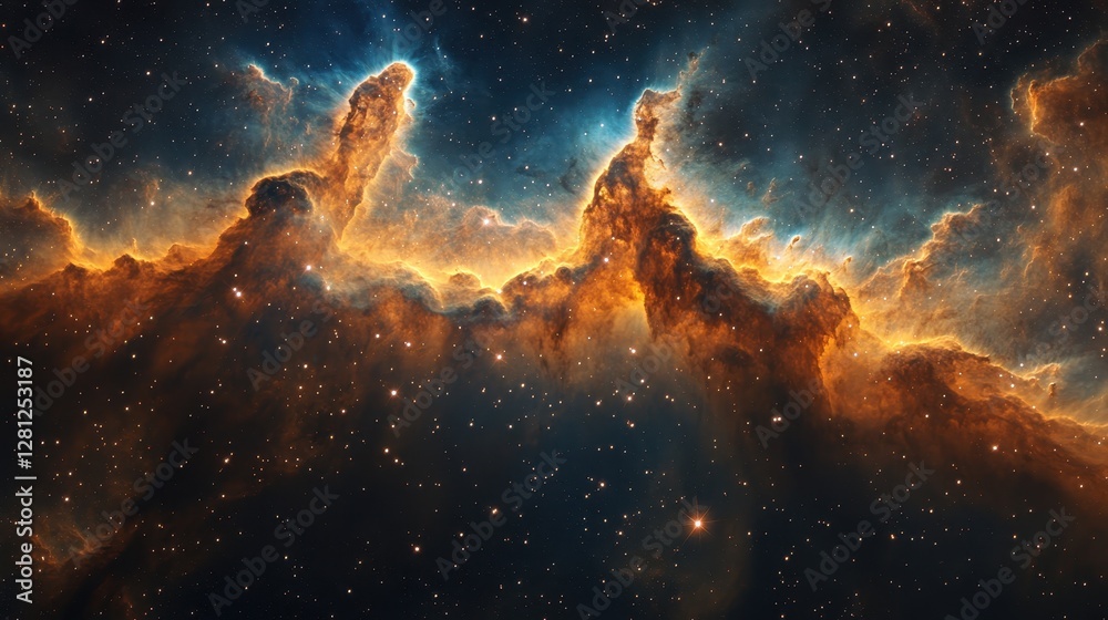 Cosmic Pillars Nebula gas and dust formations in space, background stars, for astronomy education Cosmic Pillars Nebula gas and dust formations in space, background stars, for astronomy education