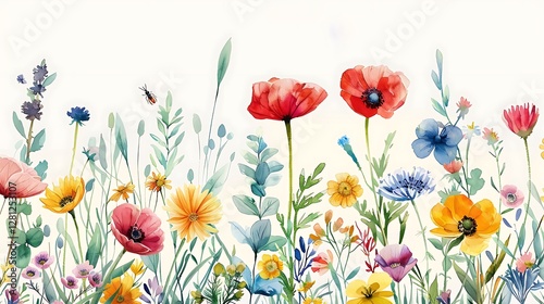 Colorful meadow and garden flowers with insects, isolated