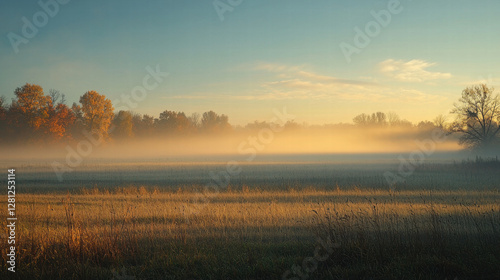 PM 2.5 particulate matter in smog air pollution, Misty sunrise over serene autumn field with golden light