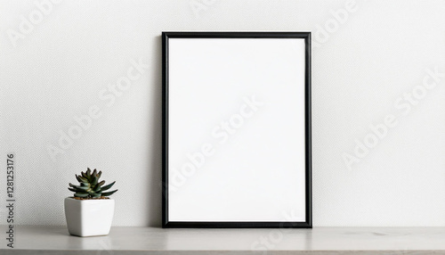 Blank poster template with black frame against white wall background. Empty canvas. Mock-up.