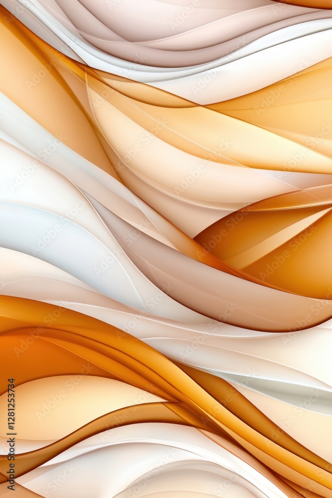 Obraz premium Abstract image with flowing, wavy shapes in shades of white, beige, and amber. The design creates a sense of movement and fluidity. Soft lighting