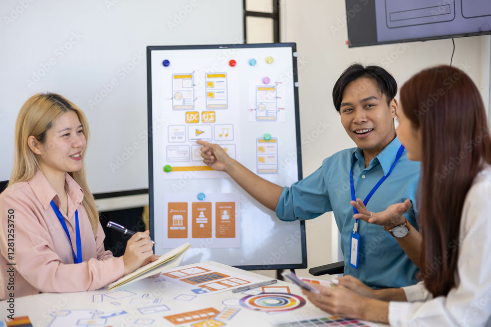 Three people are sitting around a table, working on a project. They are wearing name tags and are pointing at a whiteboard. Scene is collaborative and focused
