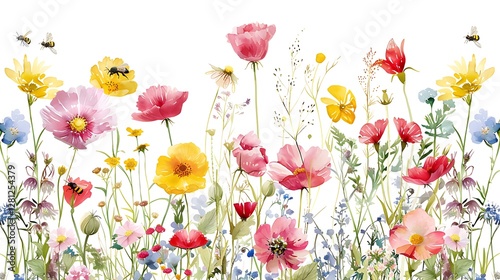 Colorful meadow flowers and bees on white background