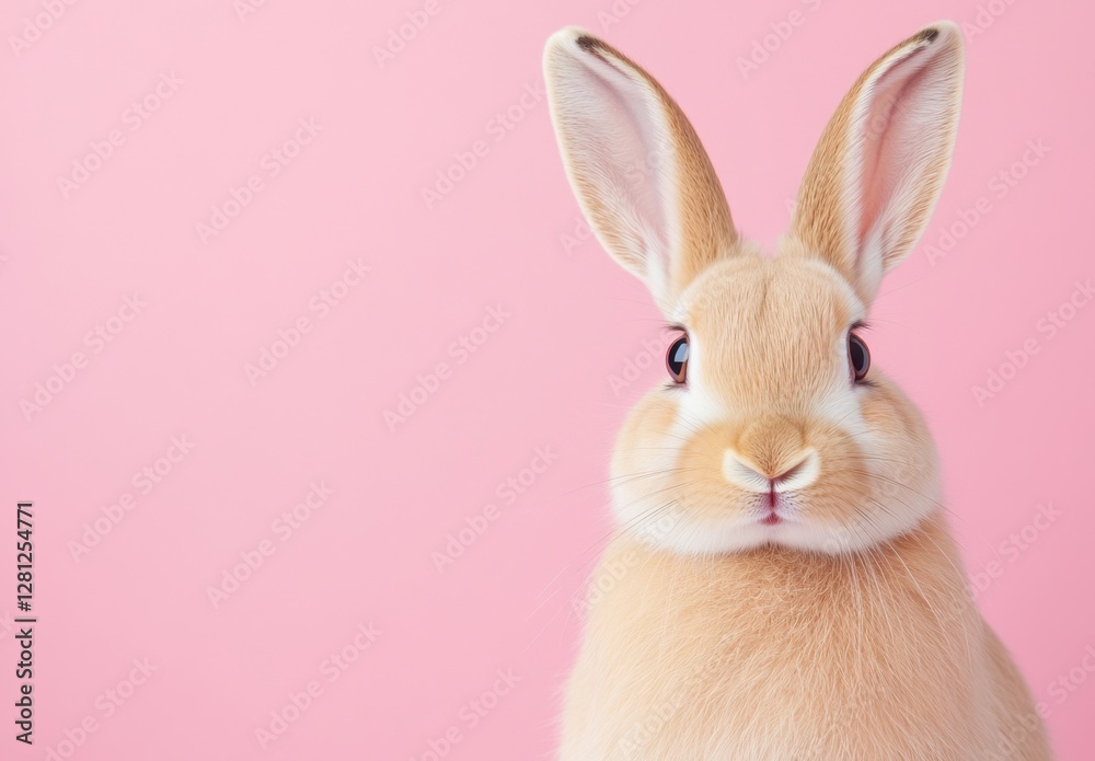Obraz premium Close up view of a fluffy light brown rabbit against a pastel pink background. The rabbit's soft fur and expressive eyes are highlighted