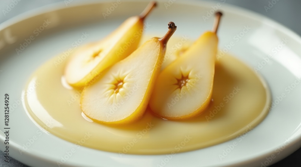 Glossy poached pears arranged in a golden syrup pool, their soft texture and subtle translucency exuding elegance and delicate sweetness. Glossy poached pears arranged in a golden syrup pool, their soft texture and subtle translucency exuding elegance and delicate sweetness.