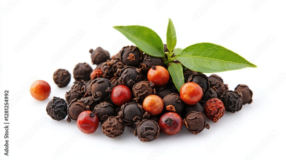 Fototapeta premium Colorful Mixture of Whole Peppercorns with Fresh Green Leaves