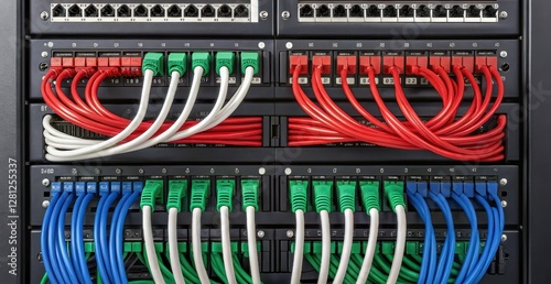 A structured network panel featuring colorful Ethernet cables organized by color, showcasing connectivity and data management.