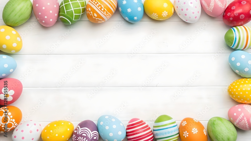 Colorful Easter Eggs Frame on White Wooden Background