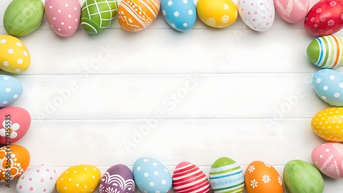 Obraz na płótnie Colorful Easter Eggs Frame on White Wooden Background w salonie