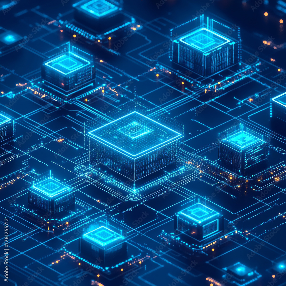 network of interconnected digital processors glowing in blue light network of interconnected digital processors glowing in blue light