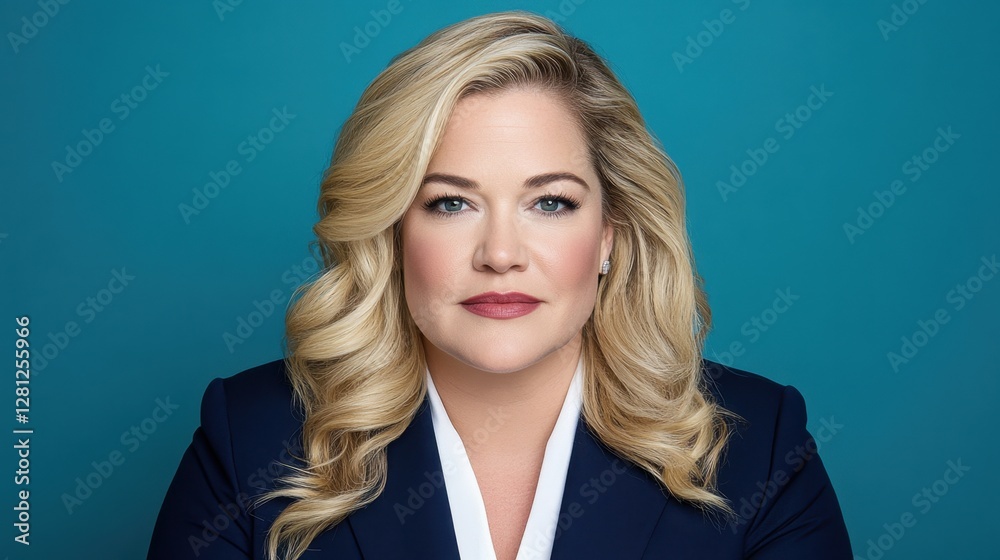 Portrait of a blonde woman with wavy hair, wearing a navy blue blazer and white shirt against a teal background. The image is well lit and Portrait of a blonde woman with wavy hair, wearing a navy blue blazer and white shirt against a teal background. The image is well lit and