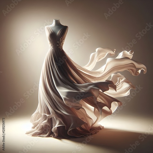 Elegant dress fluttering in the wind against a monochrome background