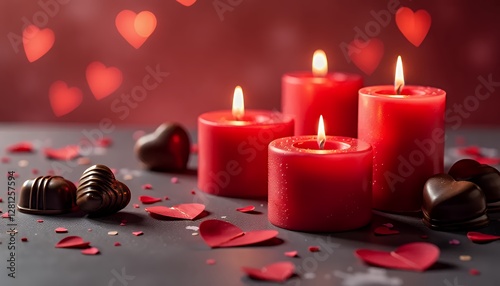 Heart-shaped candles and chocolates arranged on a table for a romantic Valentine’s evening, creating a warm ambiance