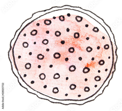 Watercolor cookie illustration with black dots and pink texture in artistic
