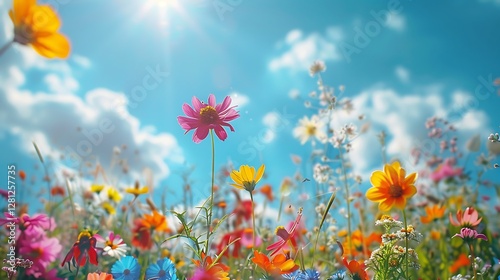 Colorful natural flower meadows landscape with blue sky in summer. Habitat for insects, wildflowers and wild herbs on a flower field. Background panorama with short depth of focus and space for text.