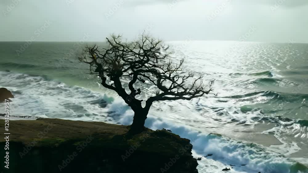 Moody drone flyover video, the camera flies over a rugged, rocky coastline, revealing a solitary, gnarled tree clinging to the cliff face under a dramatic sky, the waves crash against the rocks