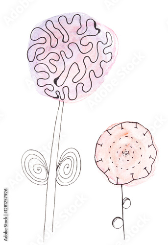Abstract watercolor art of plants with brain-shaped flower heads in pastel color