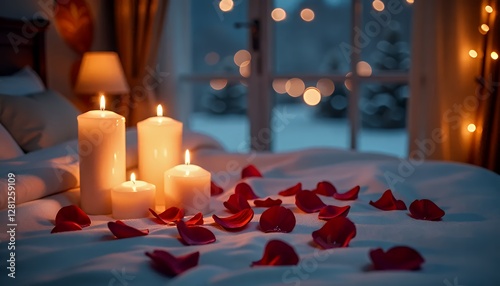 Romantic winter night with glowing candles, rose petals scattered on the bed, and soft lighting, creating an intimate atmosphere