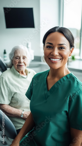 Doctor nurse dental care, African American Black woman, green scrubs elderly woman patient treatment room modern healthcare provider business