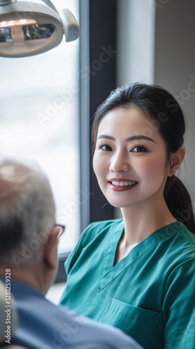 Doctor nurse dental care, Japanese woman oriental, green scrubs elderly man patient treatment room modern healthcare provider business