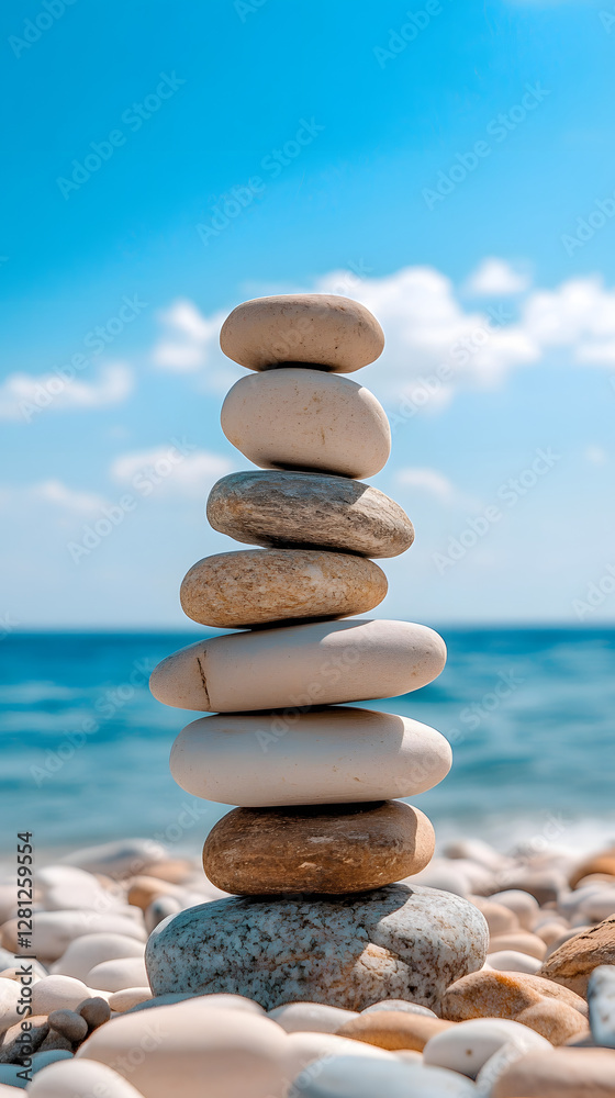 A serene coastal scene with stones stacked on top of each other, representing balance and harmony
A serene coastal scene with stones stacked on top of each other, representing balance and harmony