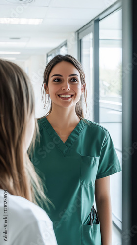 Work skill care giving, nurse junior doctor hospital corridor young woman Caucasian brunette hair long, green scrubs talking with patient smiling, window light