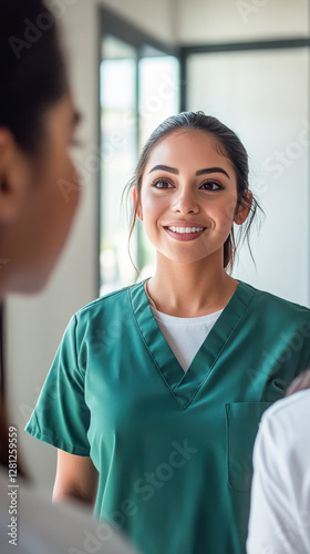 Young Hispanic woman healthcare provider nurse junior doctor modern hospital environment green scrubs long dark hair talking with colleagues window light