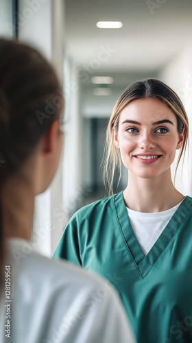 Health provider concept, healthcare nurse junior doctor hospital corridor young woman Caucasian blonde hair long, green scrubs talking with patient smiling, window light