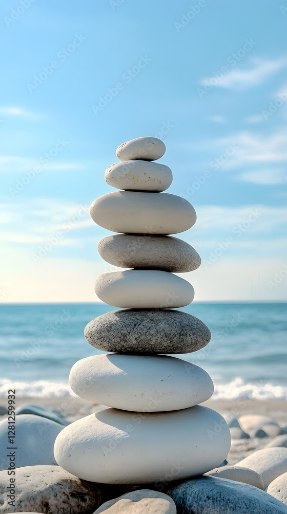 A serene coastal scene with stones stacked on top of each other, representing balance and harmony
A serene coastal scene with stones stacked on top of each other, representing balance and harmony