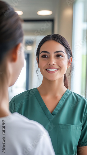 Healthcare nurse junior doctor hospital corridor young woman Hispanic dark hair long, green scrubs talking with patient smiling, window light