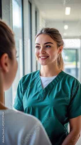 Healthcare nurse junior doctor hospital corridor young woman Caucasian blonde hair long, green scrubs talking with patient smiling, window light