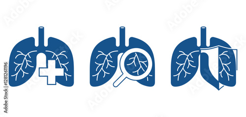 Lungs health, protection, diagnostics icons in monochrome style