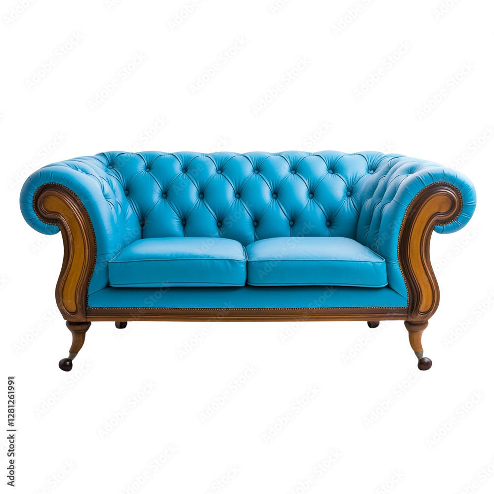 Fototapeta premium Elegant tufted blue sofa for stylish interiors.