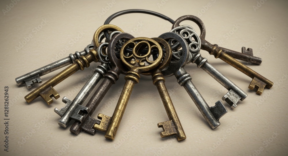 Antique metal keys clustered together on a circular ring hardware item Antique metal keys clustered together on a circular ring hardware item